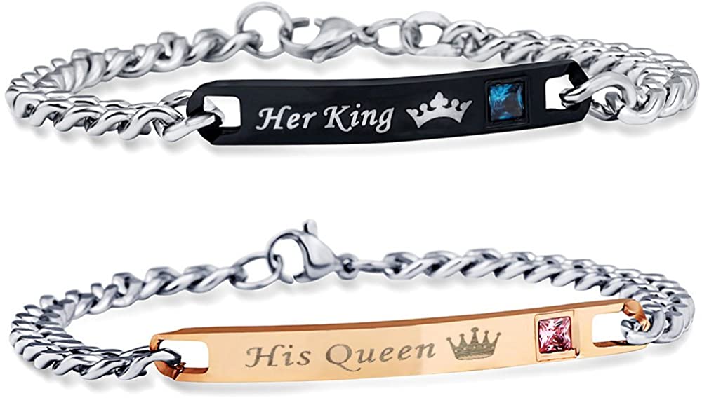 Uloveido A Pair of Titanium His Queen and Her King Couples Bracelet Stainless Steel Cuban Link Chain Bracelets Wedding Valentine's Gift for Men and Women SN116-Pair