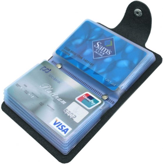 Mocasor Credit Card Holders for Men & Women Soft Leather Bank Card Case Slim Pocket Wallet ID Card Organiser Business Card Case Purse with 24 Durable Plastic Insert Sleeves (01 Black)