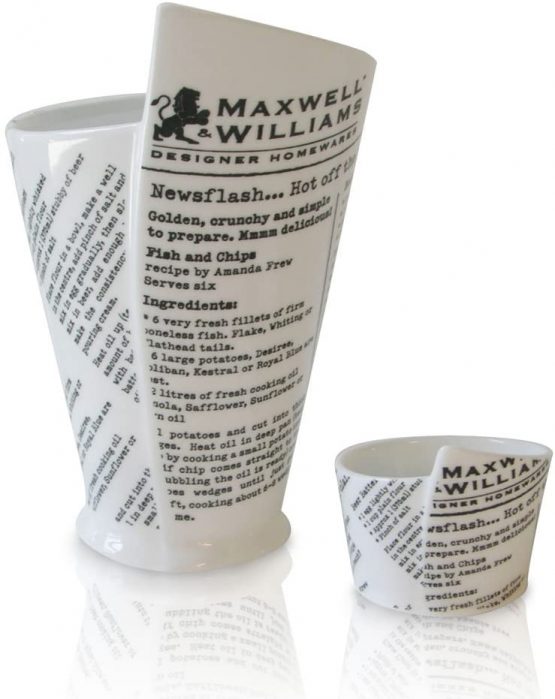 Maxwell & Williams White Basics Newsprint Chip Cup and Dipping Bowl in Gift Box, Porcelain, 16.5 cm
