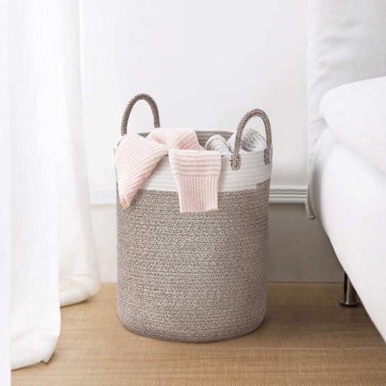 La Jolíe Muse Large Storage Basket - Cotton Rope Laundry Basket with Handle for Diaper Blanket Toy Towel Woven Laundry Basket Home Decor, White & Desert - Image 2