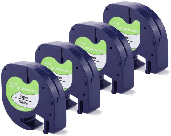 4X Compatible with DYMO LetraTag Paper White Tape 91200 S0721510 12mm x 4m Black on White Paper Refills Tape for DYMO LetraTag LT-100H LT-100T QX50 2000 XR XM Plus LabelMakers