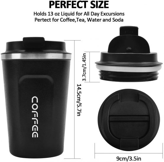 Black Coffee Cup, MOMSIV Vacuum Reusable Leakproof Double Wall Coffee Cup, Insulation Stainless Steel Eco-Friendly Travel Office Mug for Hot Coffee Tea and Cold Drinks, 13oz/380ml - Image 3