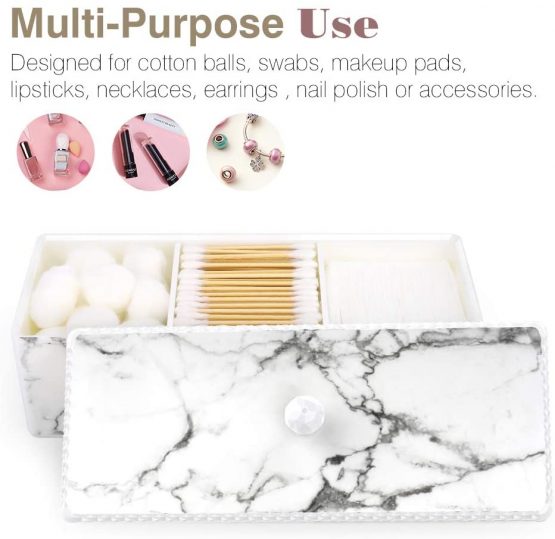 Luxspire Cotton Swab Holder with Lid, Marble Pattern Cotton Ball Holder Dispenser, Barthroom Canister Storage Jar for Cotton Pads Bud Q-tip, Vanity Cosmetics Countertop Organizer with 3 Compartments - Image 3
