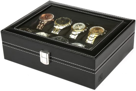 H&S Glass Lid 10 Watch Jewellery Display Storage Box Case Bracelet Tray Faux Leather Black for Men Women - Image 4