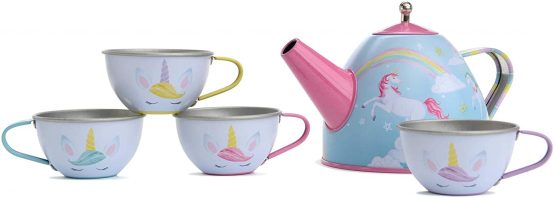 Jewelkeeper 15 Piece Kids Pretend Toy Tin Tea Set & Carrying Case - Rainbow Unicorn Design - Image 3