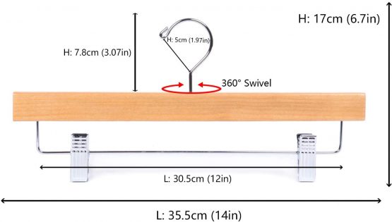 Amber Home 35.5cm Natural Wooden Pants Hangers 10pcs, Smooth Wood Skirt Hanger Organizer with 2 Adjustable Anti-Slip Clips, Space Saving Solid Clothes Hangers Rack for Bottoms Jeans Slacks Trousers - Image 2
