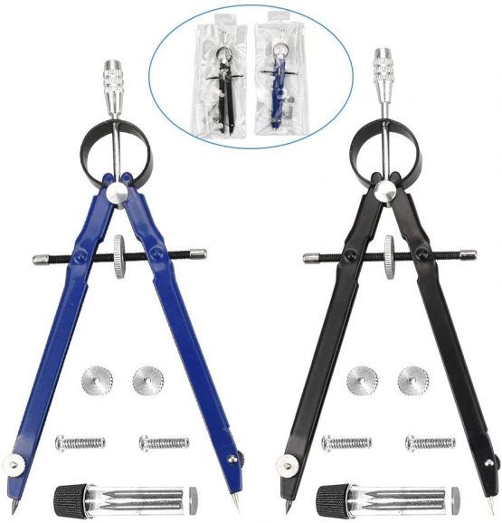 PERFETSELL 2 Pack Professional Compass Math Compass Geometry with Lock Screws and Lead Replacement, Metal Drafting Compass Precision Spring Bow Compass Drawing with Wheel for Woodworking, School