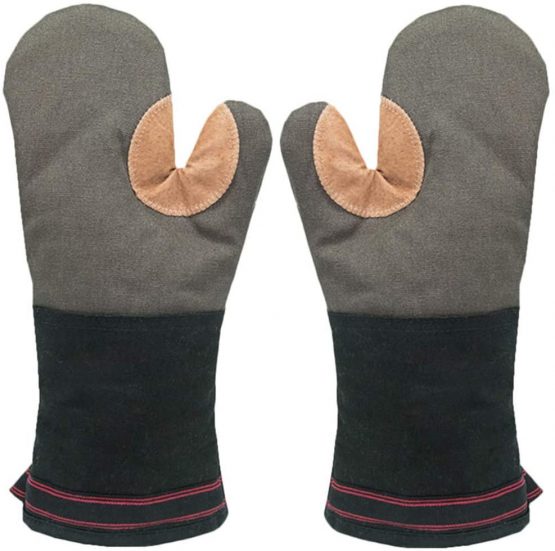 Oven Gloves Heat Resistant Gauntlet Long Thick Large Oven Mitts Cotton Leather Soft Hot Heat Proof for Kitchen Cooking Chef Home BBQ Grilling Baking Pizza Double Pair for Men Heavy Duty 500℉(Grey)