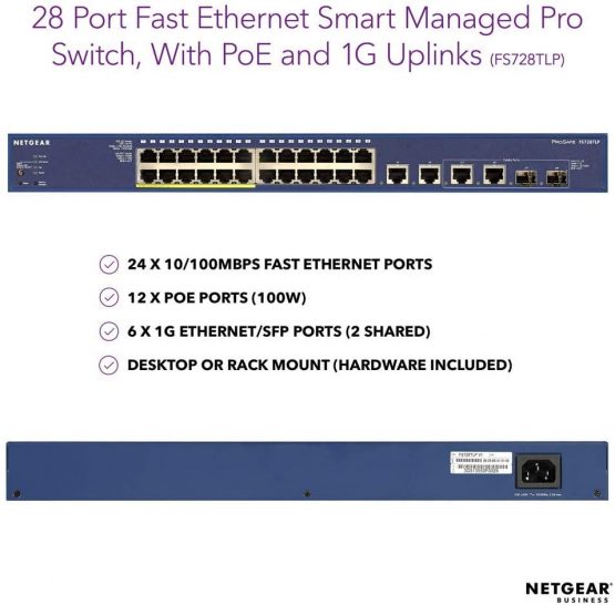 NETGEAR FS728TLP 28-Port Fast Ethernet 10/100 Smart Managed Pro PoE Switch, with 12 x PoE at 100 W, 6 x 1G Gigabit Copper/SFP, Rackmount and ProSAFE Lifetime Protection - Image 2