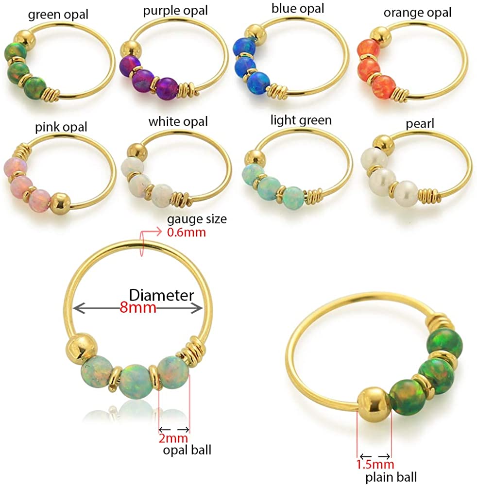 AZARIO LONDON 9K Yellow Gold Nose Ring Triple White Opal Bead 22 Gauge Hoop, White - Yellow Gold, 8 mm - Image 4