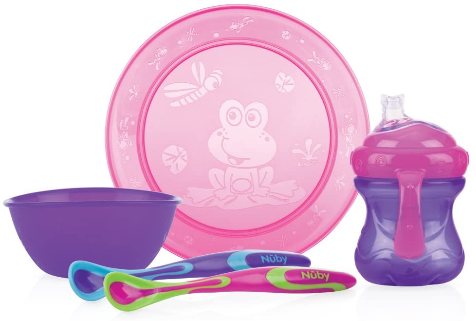 Nûby ID92316 Girl's Tableware Set Plate Bowl Cup 2X Spoon Pink/Purple, Pink,purple, 5 Count (Pack of 1)