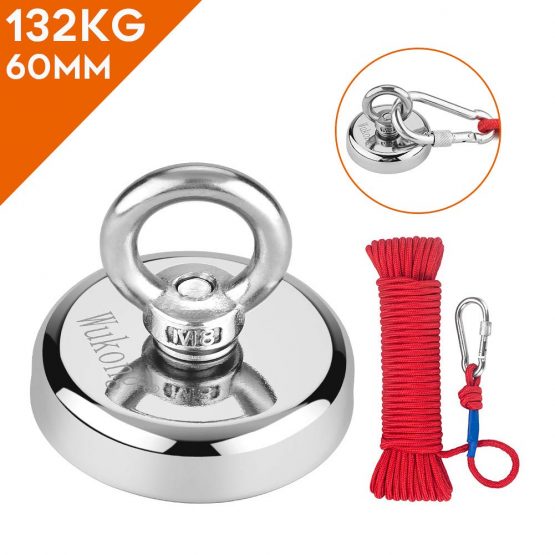 Round Neodymium Eyebolt Fishing Magnet with Rope x 66ft,Wukong Super Power N52 Pulling Force 353LB(160KG) Diameter x 60mm Thick x 15mm for Magnet Fishing and Salvage in River (Magnet Fishing-20m Rope)