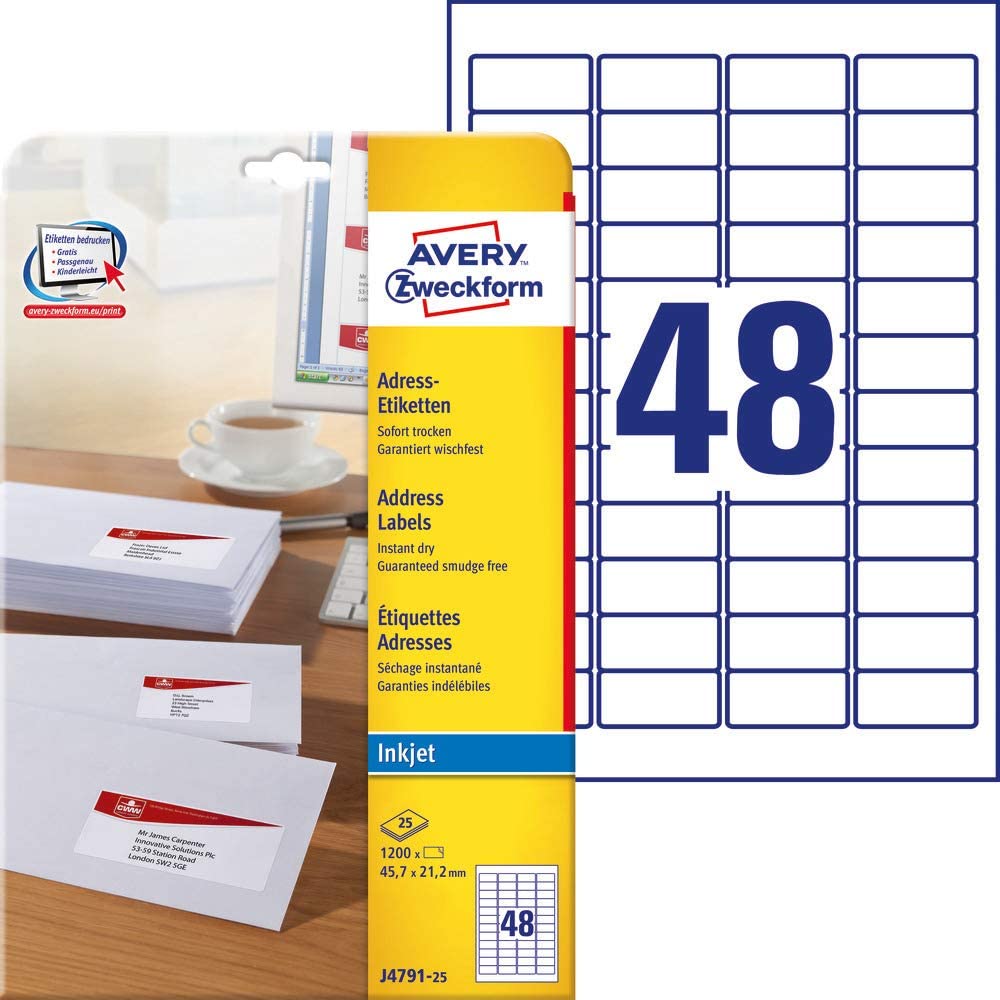 AVERY Zweckform J4791-25 Address Labels (1,200 Labels, 45.7 x 21.2 mm on A4, Printable, Self-Adhesive, for Labels Matte Paper