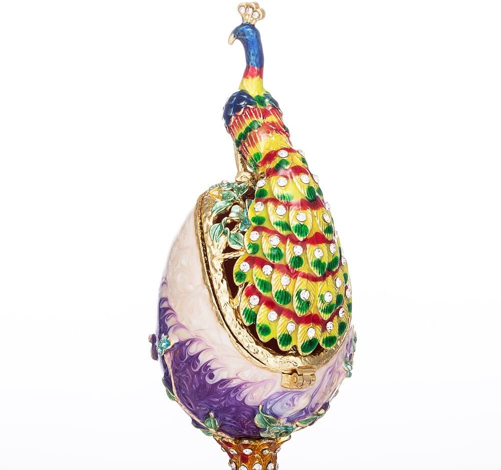 QIFU Hand Painted Enameled Faberge Peacock Egg Style Decorative Hinged Jewelry Trinket Box, Unique Gift for Home Decor - Image 3