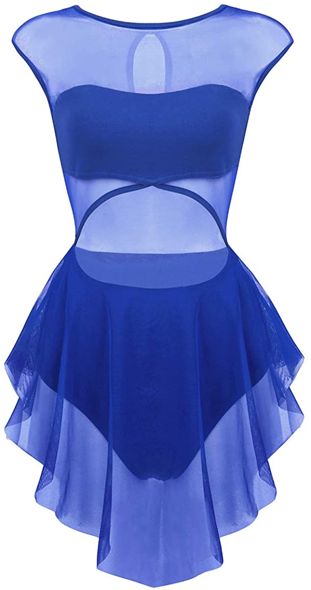 ranrann Women's Lyrical Ballet Dance Sleeveless Asymmetrical Sheer Mesh Modern Dancing Dress Blue XS