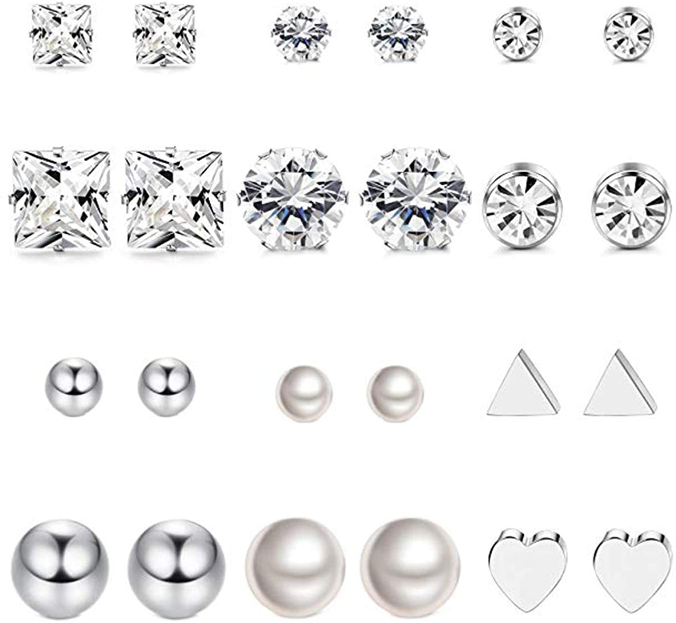 Milacolato 12 Pairs Stainless Steel Stud Earrings Set for Women Girls Clear CZ Stone Infinity Music Note Earrings Set