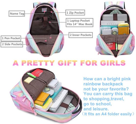 Girls Rainbow Glitter Backpack - Cute Kids Preschool Backpack Lightweight Travel Backpack Lovely Casual Daypack Gift for Girls (Rainbow) - Image 3