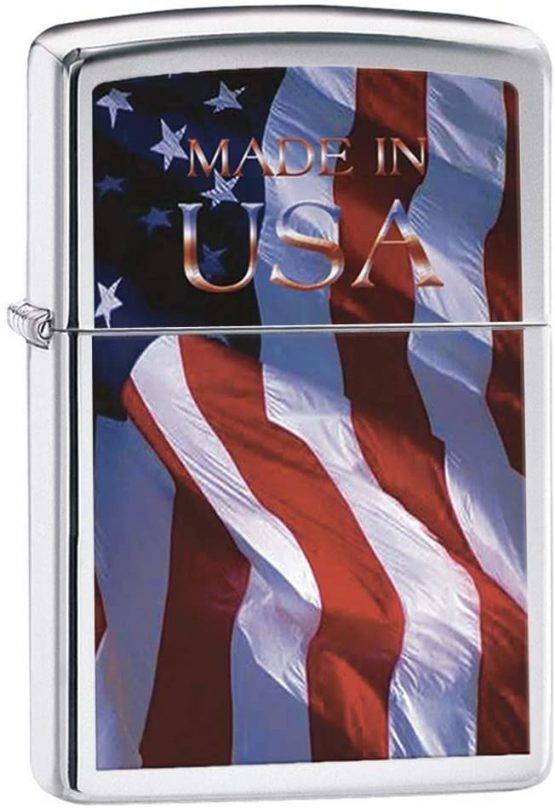 Zippo Made in the USA with Flag Windproof Lighter - High Polished Chrome