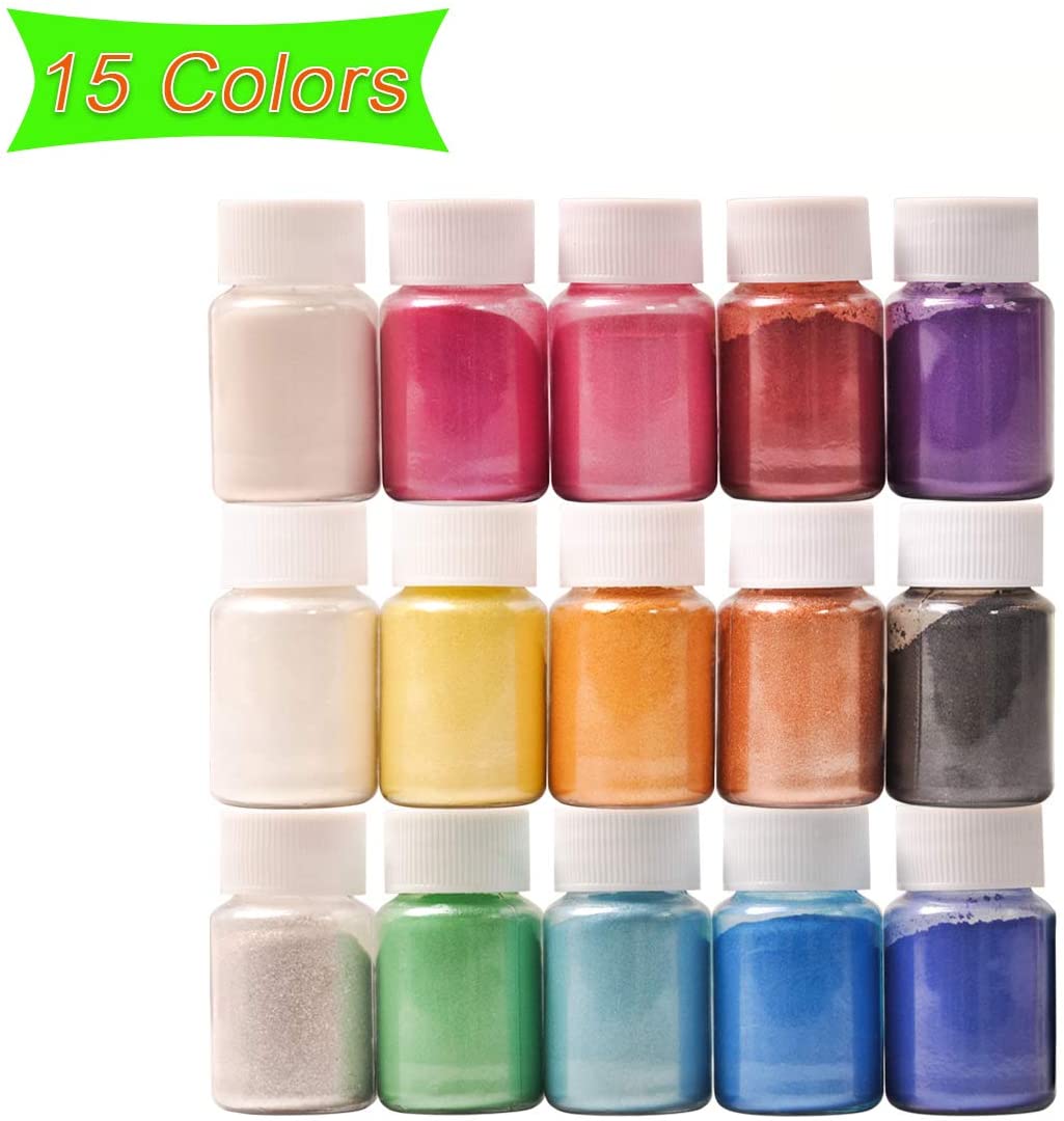 DEWEL Mica Powder for Epoxy Resin 15 Colours × 10g Pearl Pigment Powder, Non-Toxic Glitter Mica for Soap Making Candle Making