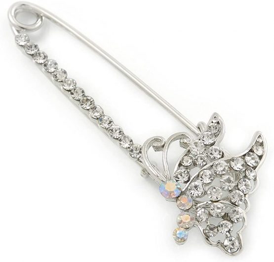 Avalaya Rhodium Plated Crystal 'Butterfly' Safety Pin - 75mm Length