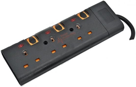 Shine SS_eXT_BK Black 2m Meter Metre 3 Way Gang Switched Surge Protected Extension Lead With LED Indicators