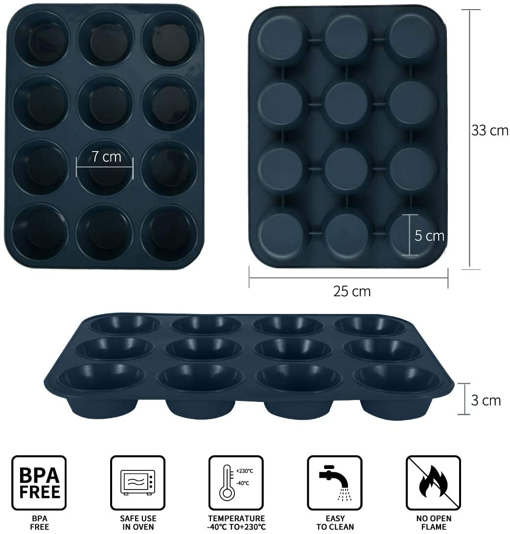 SUPER KITCHEN Set of 2 Large Muffin Tray 12 Cup Silicone Muffin Pan, Non-Stick Muffin Cupcake Tin - Image 2