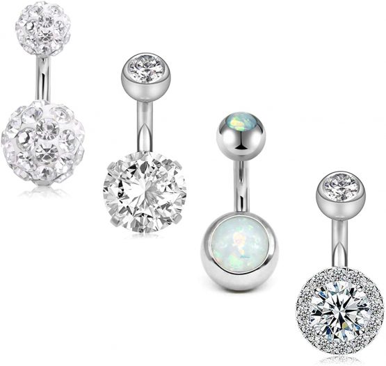 FECTAS Pack of 4 Belly Button Ring Set Stainless Steel 14 Gauge Navel Barbell 6mm Short Bars Piercing Jewellery