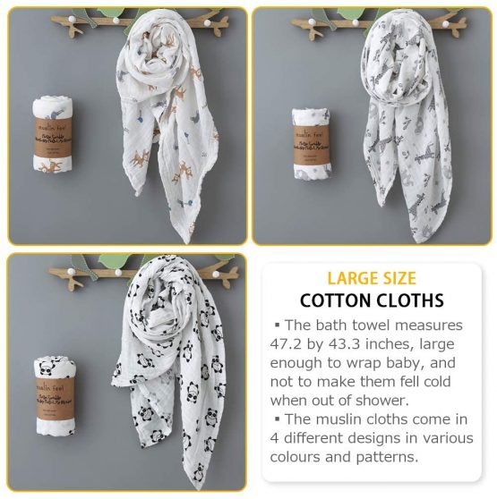 4 Pack Baby Muslin Washcloths, ALBOYI 120cmx110cm Cotton Muslin Baby Wiping Bathing Towels with Printed Design, Highly Absorbent, Washable & Reusable - Image 2