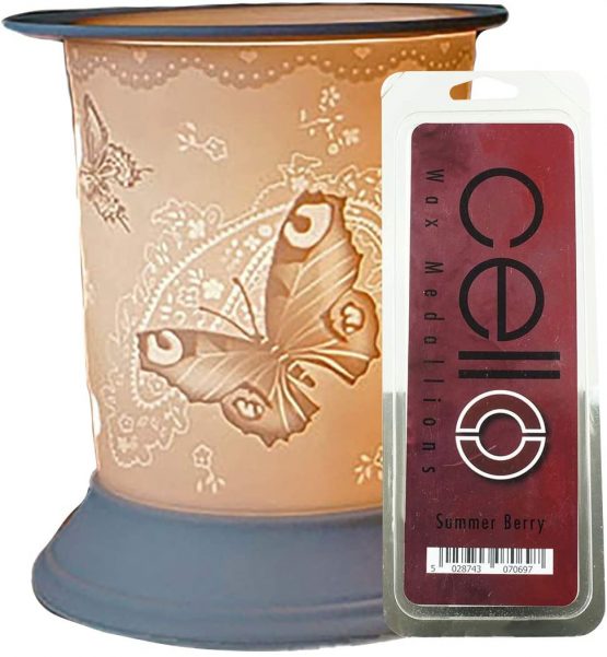 Cello Z8312 Straight Electric Melt Burner Silk Wings Design, Bundled with 1 pack of 3 Summer Berry Wax Medallions, White