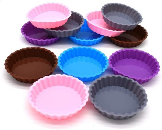 Silicone Cake Mold Round,Xiuyer 12 Pieces Reusable Tart Mould Tins Fluted Flan Pans Non-Stick Bakeware Set for Making and Baking Pies Quiche Muffin Cakes(10.8x2.3cm, Random Colors)