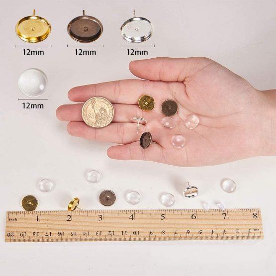 SUNNYCLUE 1 Box DIY 30 Pairs 3 Color Cabochon Stud Earrings Making Starter Kit 60pcs Stud Ear Cabochon Setting Post Cup Blank Tray Base Fit 12mm Clear Glass Cabochons Plastic Earring Earnuts - Image 3
