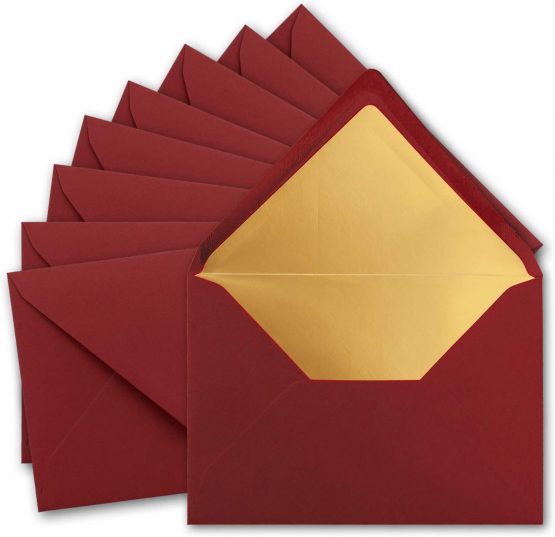 25 x metallic gold-lined envelopes DIN C5, dark red, 156 x 220 mm, wet adhesive with pointed flap, FarbenFroh by Gustav Neuser