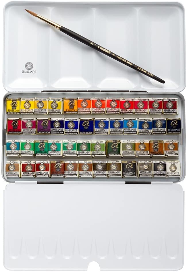 Talens : Rembrandt Watercolour : Set : 48 Half Pan Plus brush in Metal box, Multicolored, 50 Piece Set