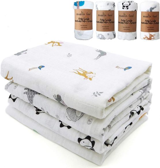 4 Pack Baby Muslin Washcloths, ALBOYI 120cmx110cm Cotton Muslin Baby Wiping Bathing Towels with Printed Design, Highly Absorbent, Washable & Reusable