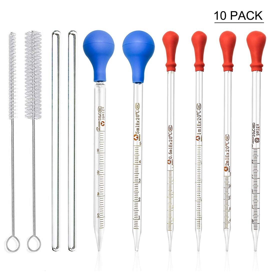 Glass Pipettes, JESSTOLO 6pcs Glass Graduated Dropper Pipette 0.5ml,1ml,2ml,3ml,5ml,10ml with Rubber Cap