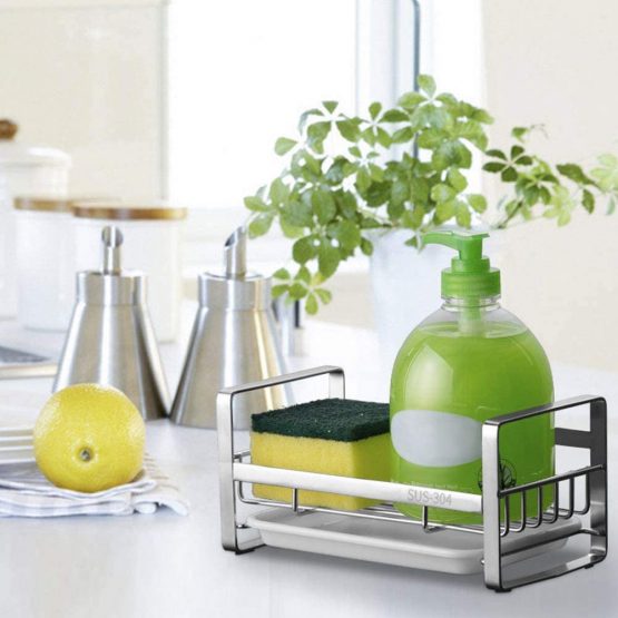 HULISEN Kitchen Soap Dispenser Caddy, 304 Stainless Steel Sponge Holder, Sink Organiser, Dish Storage Accessories with Removable Drain Tray (not Including Dispenser and Cleaning Brush) - Image 2