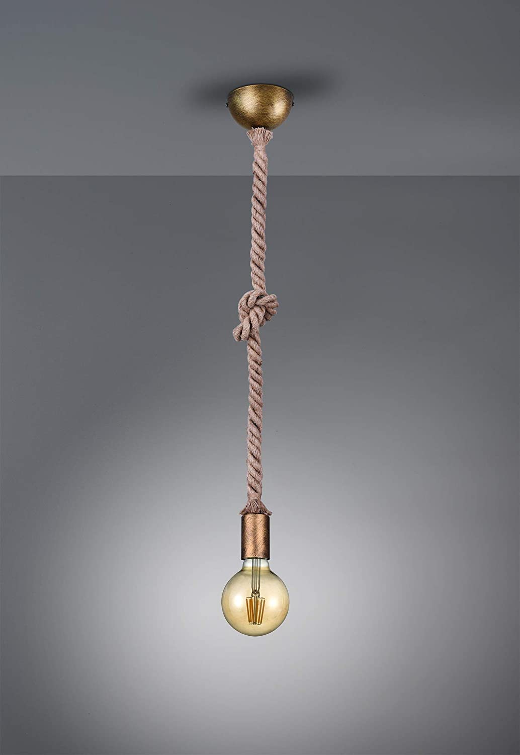 Trio Leuchten Rope 310100104 Pendant Light Antique Brass Metal/Linen Suspension 1 x E27, Old Brass - Image 3