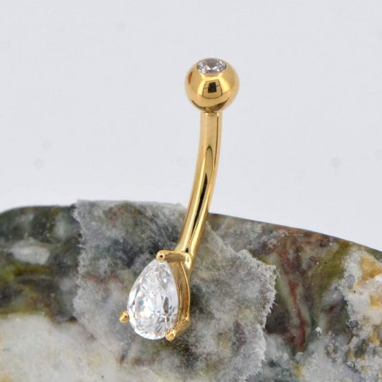 OUFER 14G 14K Solid Gold Belly Button Ring Clear Teardrop CZ Navel Rings Belly Bars - Image 4