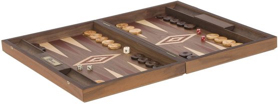 Red Uber Walnut Backgammon Set - Fantastic Quality Foldable Walnut Backgammon Boards measuring 48cm x 60cm x 4xm when open. Includes 30 coloured oak wood counters, 2 standard dice, a back gammon doubling die, and a bag for storage. - Image 3