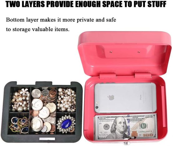 Cash Box with Money Tray, Metal Locking Money Box with Key Lock for Security, 7 4/5" x 6 4/5" x 3 3/5", Pink - Image 3