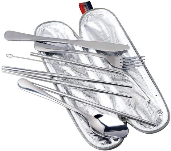 nuoshen Cutlery Set,Portable Stainless Steel Utensils Reusable Travel Camping Cutlery Set Knive/Fork/Spoon/Chopsticks/Straws/Brush/Portable Case(8 Piece) - Image 2