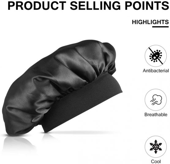 Milisten satin bonnet Sleep Cap Elastic Wide Band Hat Night Sleeping Head Cover for Good Sleeping - black - Image 2