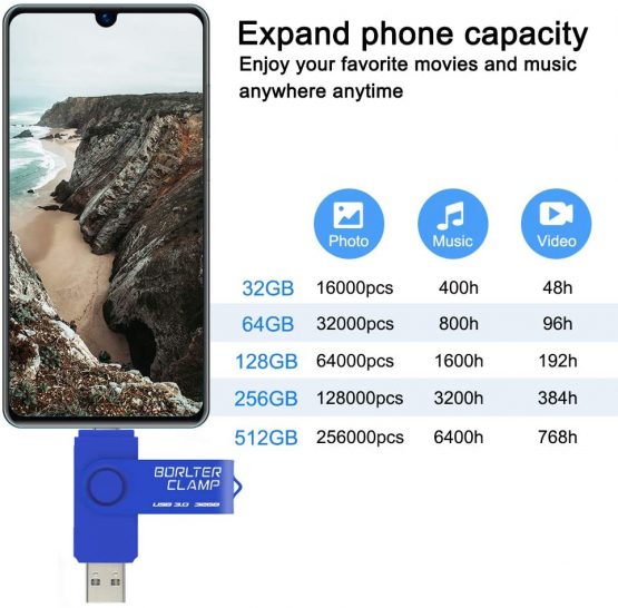 BorlterClamp 32GB Dual USB 3.0 Flash Drive OTG Memory Stick, Thumb Drive with Micro USB Drive Port for Android Smartphone Tablet & Computer (Blue) - Image 3