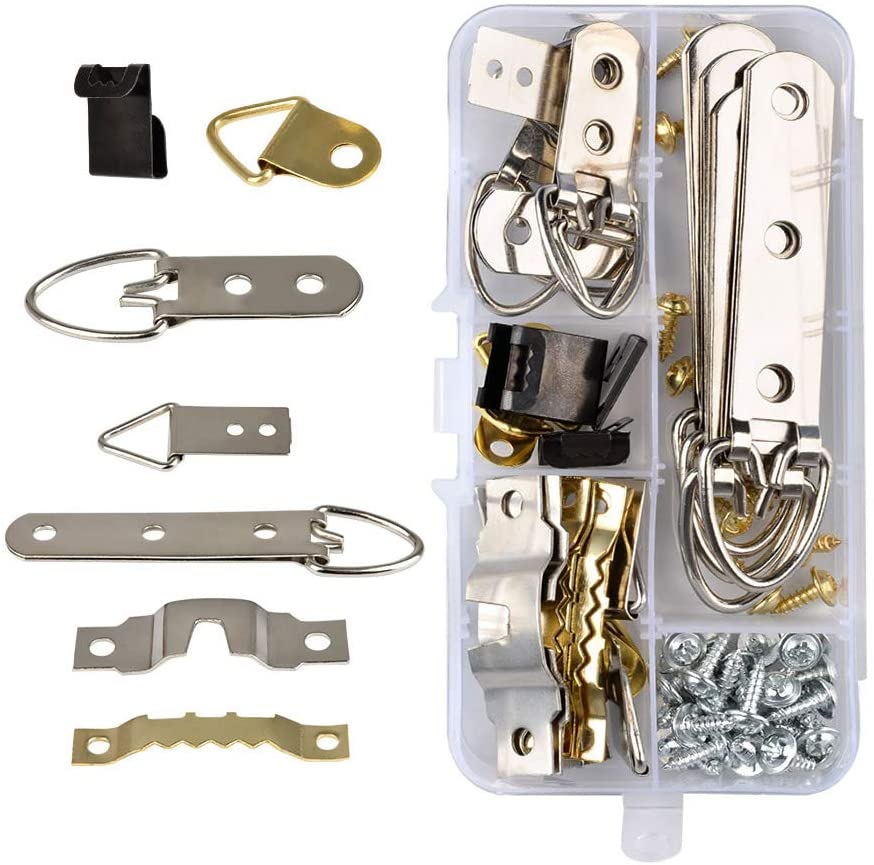 TIMESETL 68pcs Picture Hanger Kit Stainless Steel Heavy Duty D Ring & Serrated Photo Frame Hanging Hooks with Screws and Storage Box