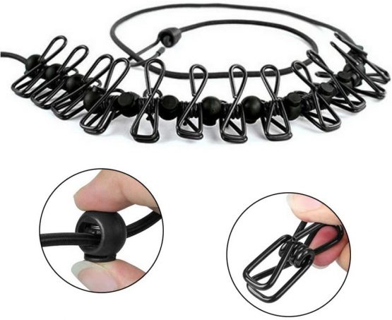 kuou 1 Pack Portable Clothesline, Elastic Clothesline Travel Washing Line Adjustable Retractable Airer Windproof Rope Clothesline with 12 Wire Clips for Camping Travel Clothes Laundry Drying Outdoor - Image 2