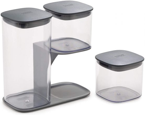 Joseph Joseph 81072 Podium 3-Piece Air Tight Kitchen Storage Jar Set with Stand, Grey- Set of 3 - Image 2