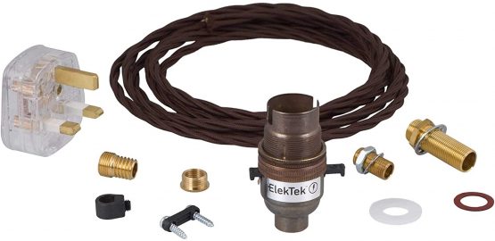 Premium Lamp Kit Antique Brass Safety Switch B22 Lamp Holder with Twisted Brown Flex and 3A UK Plug