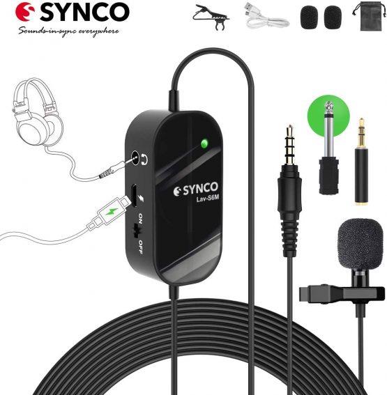 SYNCO Lav-S6M Lavalier, Clip-on Lapel Microphone with 3.5mm Audio Monitoring, 6M Cable Omnidirectional Condenser Mic Support USB Charging Professional for Smartphone Camera Audio Recorders Laptop PC