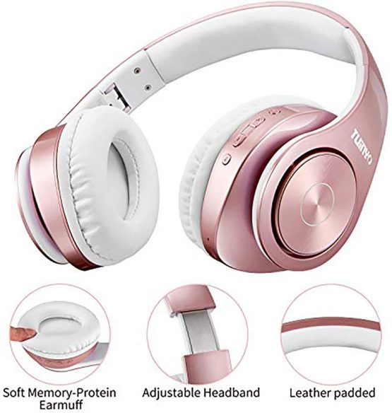 Bluetooth Headphones Wireless,Tuinyo Over Ear Stereo Wireless Headset 35H Playtime with deep bass, Soft Memory-Protein Earmuffs, Built-in Mic Wired Mode PC/Cell Phones/TV- Rose Gold - Image 2