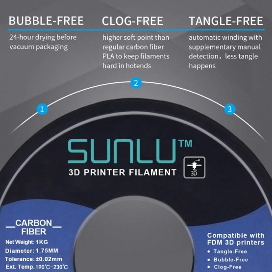 SUNLU Carbon Fiber PLA filament 1kg 1.75mm 3D Printer Filament, Dimensional Accuracy +/- 0.02 mm, 1kg Spool, 1.75 mm, Carbon Fiber Black - Image 3